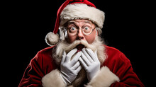 Portrait Of Santa Claus With A Surprised Face On A Black Background 