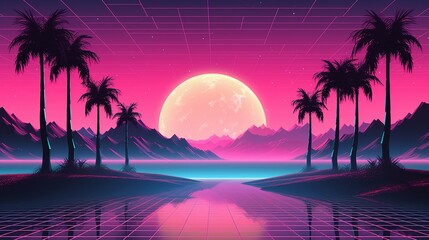 Wall Mural - Generative AI, 80s retro futuristic sci-fi., nostalgic 90s. Night and sunset neon colors, cyberpunk vintage illustration. Sun, mountains and palms. Retrowave VJ videogame landscape