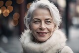 All-white portrait of eldery woman with white hair in white fur coat on a lighted street with bokeh lights in winter style