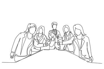 Wall Mural - Single continuous line drawing group of young happy businessmen and businesswoman standing up together and giving thumbs up gesture. Business meeting. One line draw graphic design vector illustration