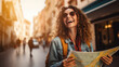 woman wanderer with trendy look searching direction on location map while traveling abroad in summer, happy female tourist searching road to hotel on atlas in a foreign city during vacation