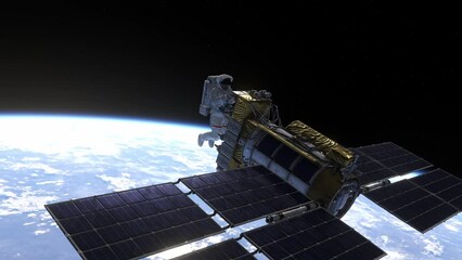 Canvas Print - astronaut working on a satellite in space
