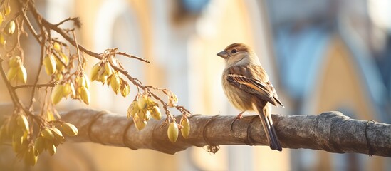 Canvas Print - Sparrow on spruce branch Orthodox church with gold dome and cross Palm Sunday