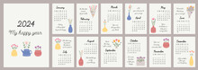 Calendar 2024 Template. Monthly Calendar 2024 With Hand Drawn Flowers And Motivation Quotes For Every Day. Sunday Standard. Modern Calendar For The Office, Organizer Or For A Gift. Design Template.