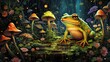 oil-painting of a cute frog in a beautiful magical forest scenery 
