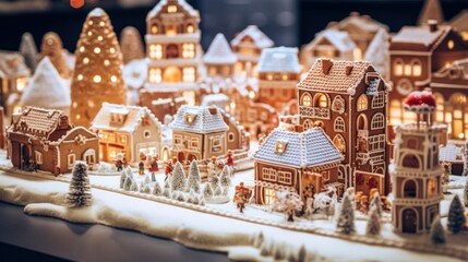 Wall Mural - Cozy Christmas gingerbread village town greeting card. Little tiny toy christmas gingerbread village on white snow. Christmas night gingerbread houses on snowy winter light background