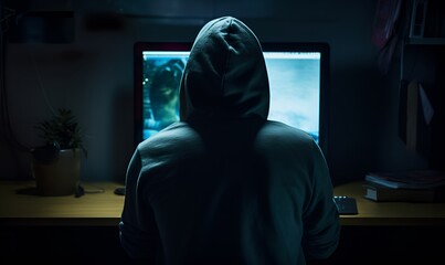 mysterious male hacker facing the monitor, ai generative