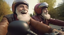Close-up Of Happy Elderly Men, With Gray Beards, Wearing Helmets And Jackets, Riding A Motorcycle