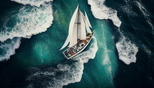 From Above View Sailing Boat On Rough Sea, Background, Ai Generated Image
