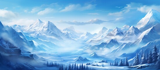 Poster - Winter mountain landscape with Celtic forest frozen nature and glacier Mystical valley artwork for gaming RPG book cover and poster