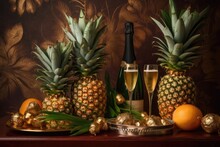 Sparkling wine in glasses and pineapples with oranges on a dark background.