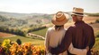A senior couple is seen enjoying their retirement by embarking on a wine tour in a lush vineyard. Back view.