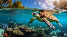 A Green Sea Turtle Swimming In A Beautiful Blue Ocean Reef At An Island With Fishes, Seaweed And Corals. Turquoise Water Color. 16:9 4k Background Wallpaper. Generative AI