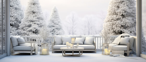 Wall Mural - Christmas mockup. Winter, snowy patio of suburban house. Luxury exterior design scene.Villa Backyard terrace with couches and lounge chairs. Vacation, wellness, resort, hotel, penthouse.Generative ai