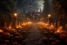 An Eerie Churchyard With Pumpkins And Candles. Generative AI