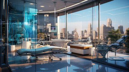 Sticker - A futuristic hospital room with a view of the city, AI