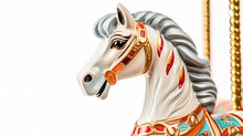 On A White Background, A Close-up Of A Plastic Horse From A Carousel Or Merry-go-round.