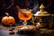 Halloween-inspired pumpkin cocktail adorned with pumpkin décor. A thrilling and enjoyable beverage for the season. Generative AI