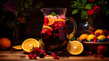 Homemade Red Wine Sangria With Orange, Apple, Strawberry And Ice In Pitcher And Glass On Rustic Wooden Background