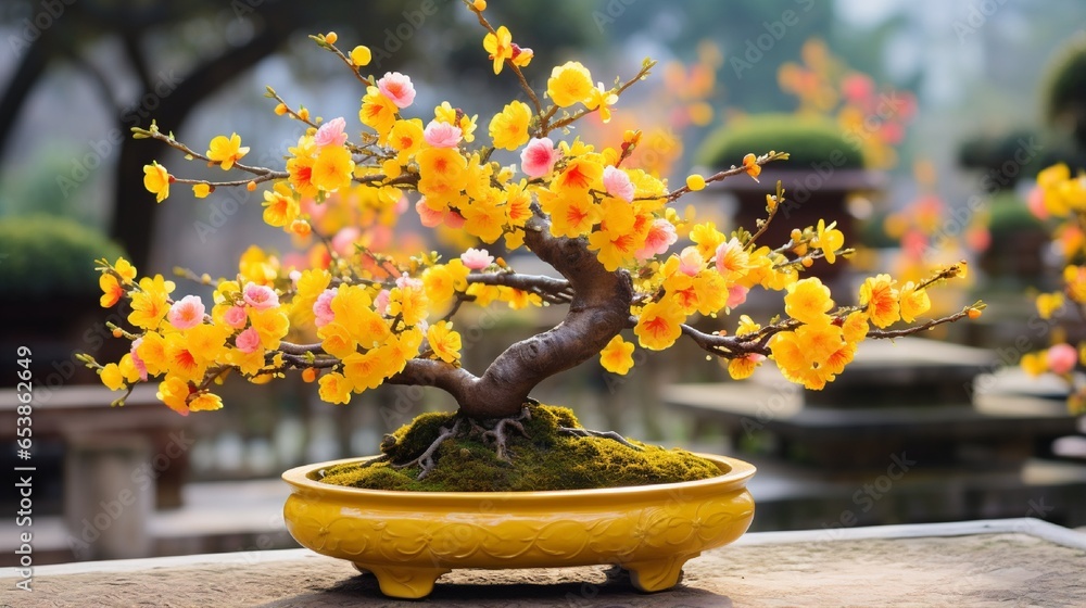 A distinctive beauty is created by an apricot bonsai tree blooming with ...