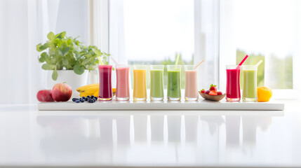 Wall Mural - Summer colorful fruit smoothies in glasses with ingredients on white kitchen background. Healthy, detox and diet food concept.