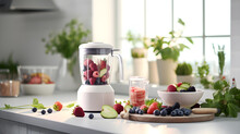 Ingredients for smoothie fresh fruits, berries and vegetables with modern automatically mixer or blender on white kitchen table for making smoothie and juice. healthy eating concept.