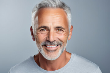 Sticker - Generative AI photography of a cheerful elderly man with white toothy smile isolated on dark grey background