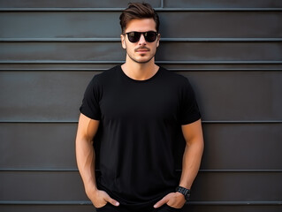 Wall Mural - A man with sunglasses wearing blank empty black t-shirt mockup for design template