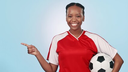 Canvas Print - Soccer player, black woman point and studio sports info, fitness news or club logo design, timeline or list. Workout portrait, mockup exercise space and African football athlete on blue background