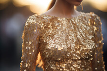 Part of golden women dress. Expensive dress in sequins. Brilliant fashion look. Generative AI