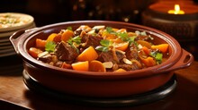 A Moroccan Tagine Dish Featuring Lamb, Apricots, And Almonds, A Fusion Of Savory And Sweet Flavors