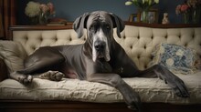 A Noble Great Dane Comfortably Sprawled Across A Plush Couch, Its Majestic Presence Filling The Frame