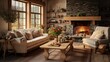 Living room loft in industrial style, a room Stylish Modern with sofa, wood tables, and a concrete wall with a fireplace