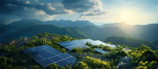 Wall Mural - Solar panels providing renewable energy to businesses homes and public buildings on mountains Smart city powering a clean environmentally friendly future