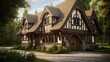 Tudor style family house, exterior of house with gable roof
