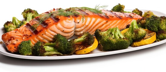 Wall Mural - White background with baked salmon and veggies isolated