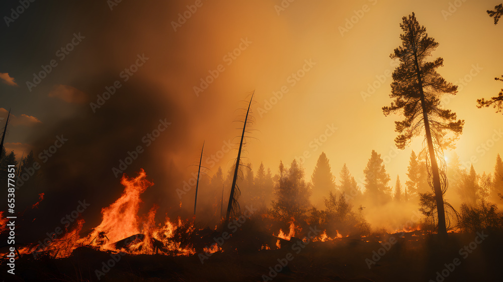 Forest fire. The image reveals the environmental crisis and the ...