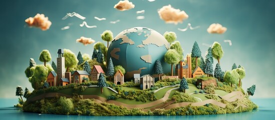 Wall Mural - Papercraft model of Earth on natural background with a focus on environment and ecology