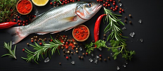 Wall Mural - Ingredients for cooking raw seabass with spices and herbs on a white background