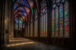 In a timeless, crystalline cathedral, rainbow-hued beams of light refract through intricate stained glass, painting the serene interior with ever-shifting patterns of color and wonder.