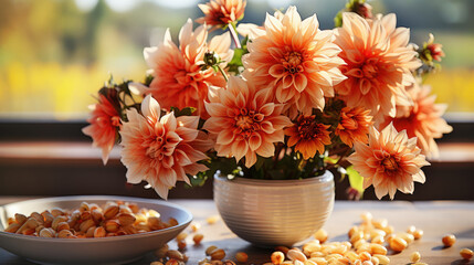 Poster - Beautiful autumnal bouquet with dahlia in vase on table.