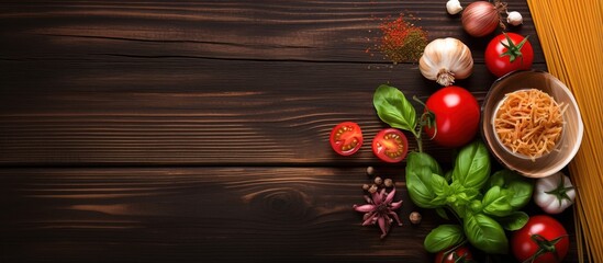 Poster - Italian pasta dinner with spaghetti tomato basil and cooking ingredients