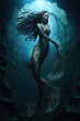 pretty mermaid with a long tail. crystal clear underwater ocean reefs and corals bubbles. female siren