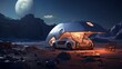 Night camping in the car of the future in a futuristic style. The concept of travel and outdoor recreation and unity with nature.