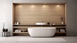 A minimalist bathroom with a freestanding tub and recessed shelving