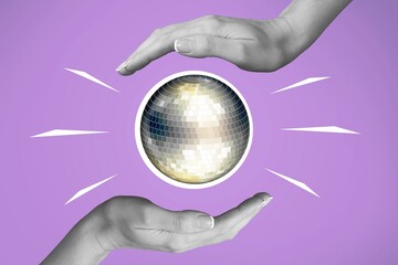 Poster - Creative collage of human hand with a disco ball.