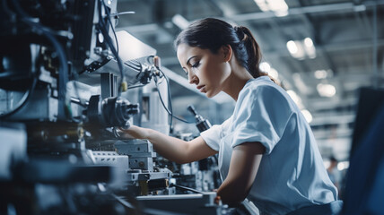  young woman in uniform working in the factory