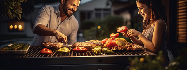 Wall Mural - Family grills food together in the backyard of a house