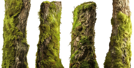 Collection of tree trunks covered in green foliage and moss close-up isolated on transparent background generative ai