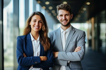 Two successful professionals, a businessman and businesswoman, exude confidence and teamwork in a corporate office, symbolizing a strong partnership.